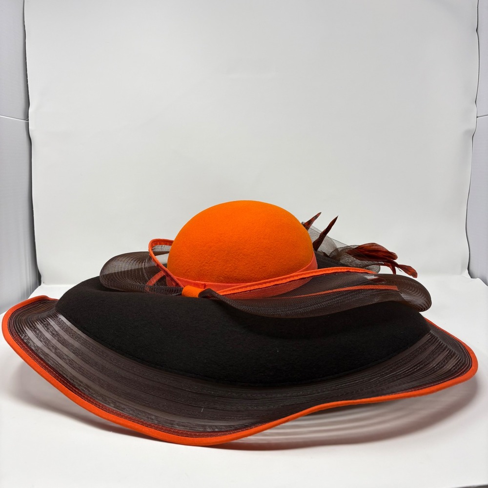 Vintage Bellini New York 100% Wool Felt Derby Church Hat Orange Black Wide Brim - Picture 8 of 13